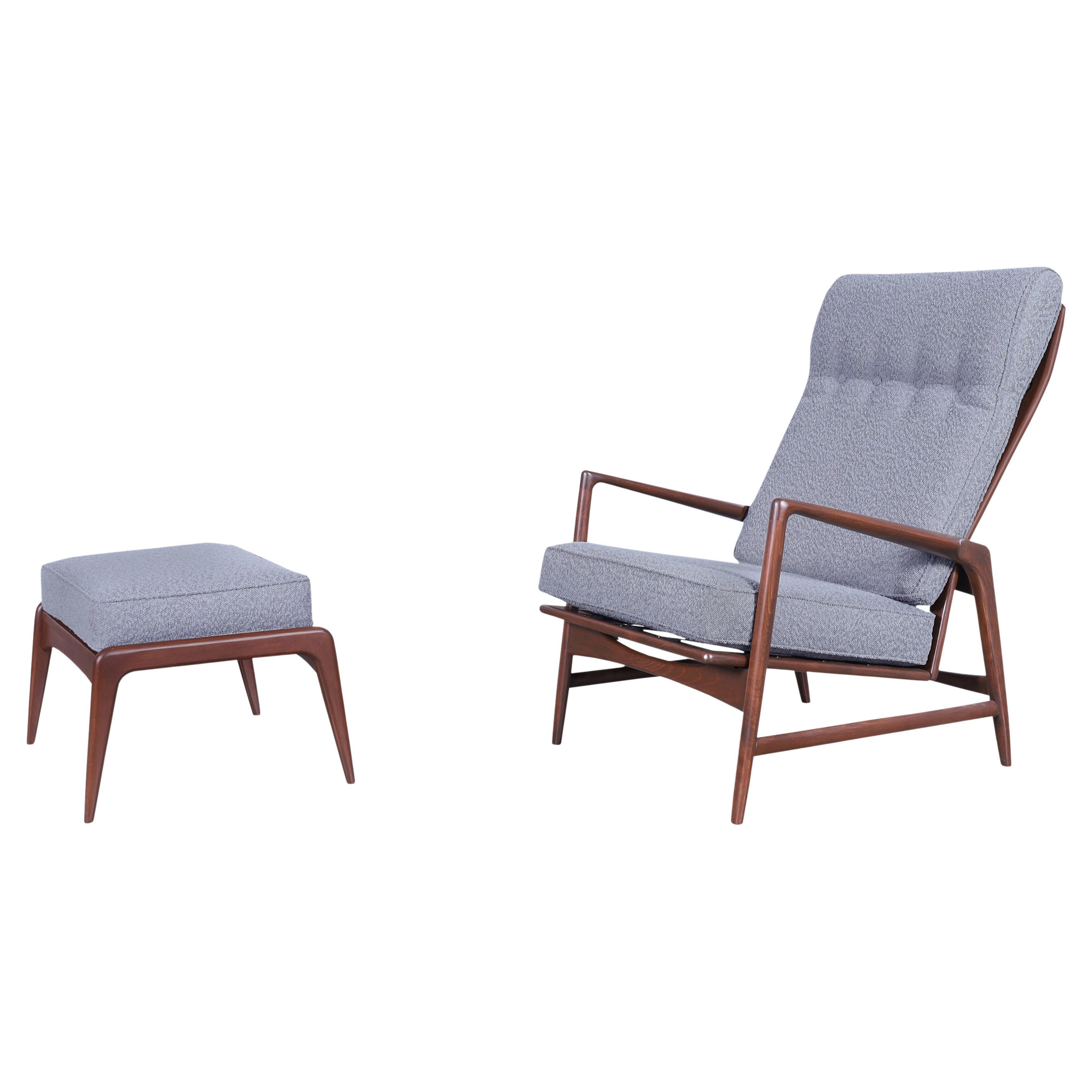 Danish Modern Walnut Reclining Lounge Chair and Ottoman by Ib Kofod Larsen
