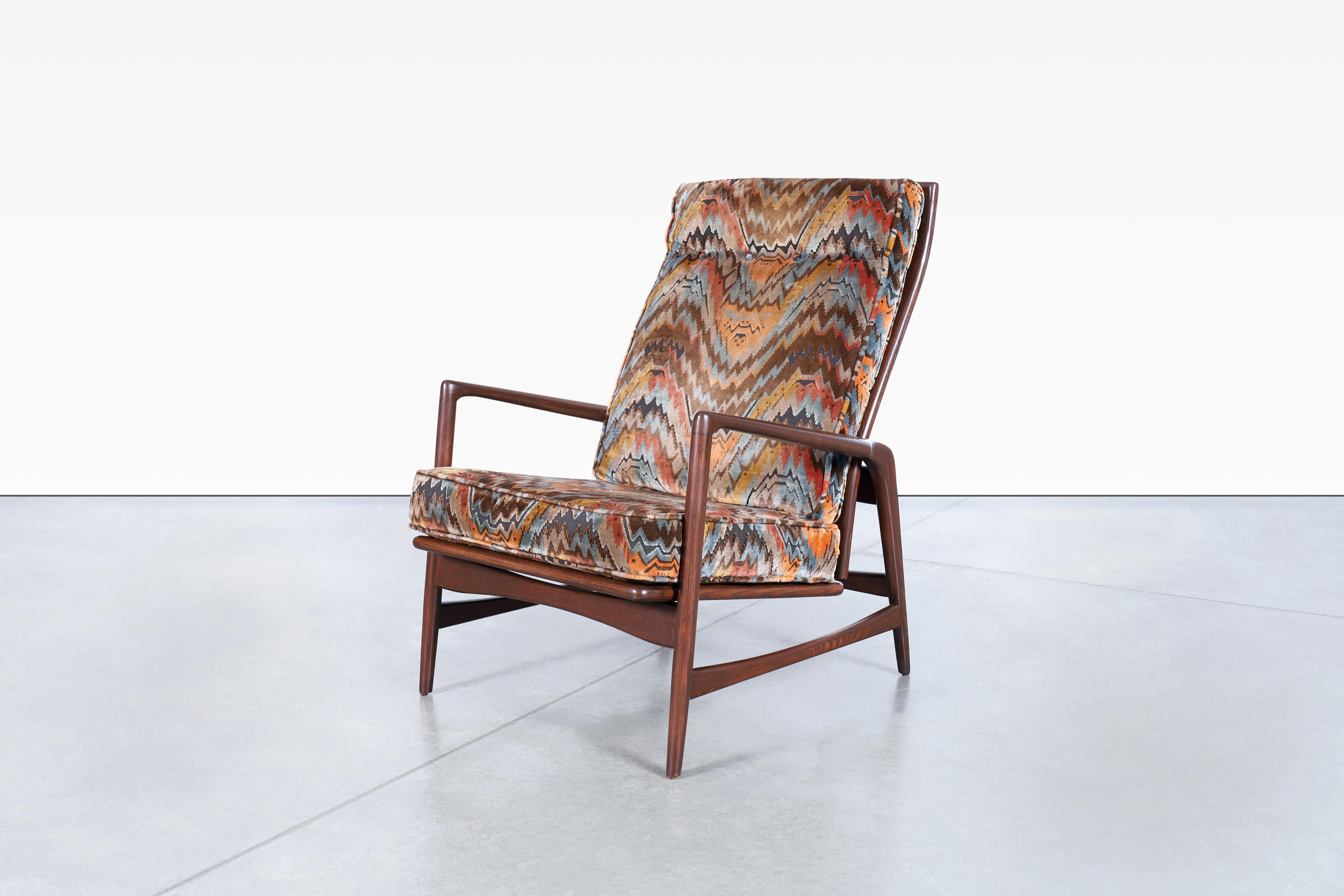 Fabric Danish Modern Walnut Reclining Lounge Chairs and Ottoman by Ib Kofod Larsen For Sale