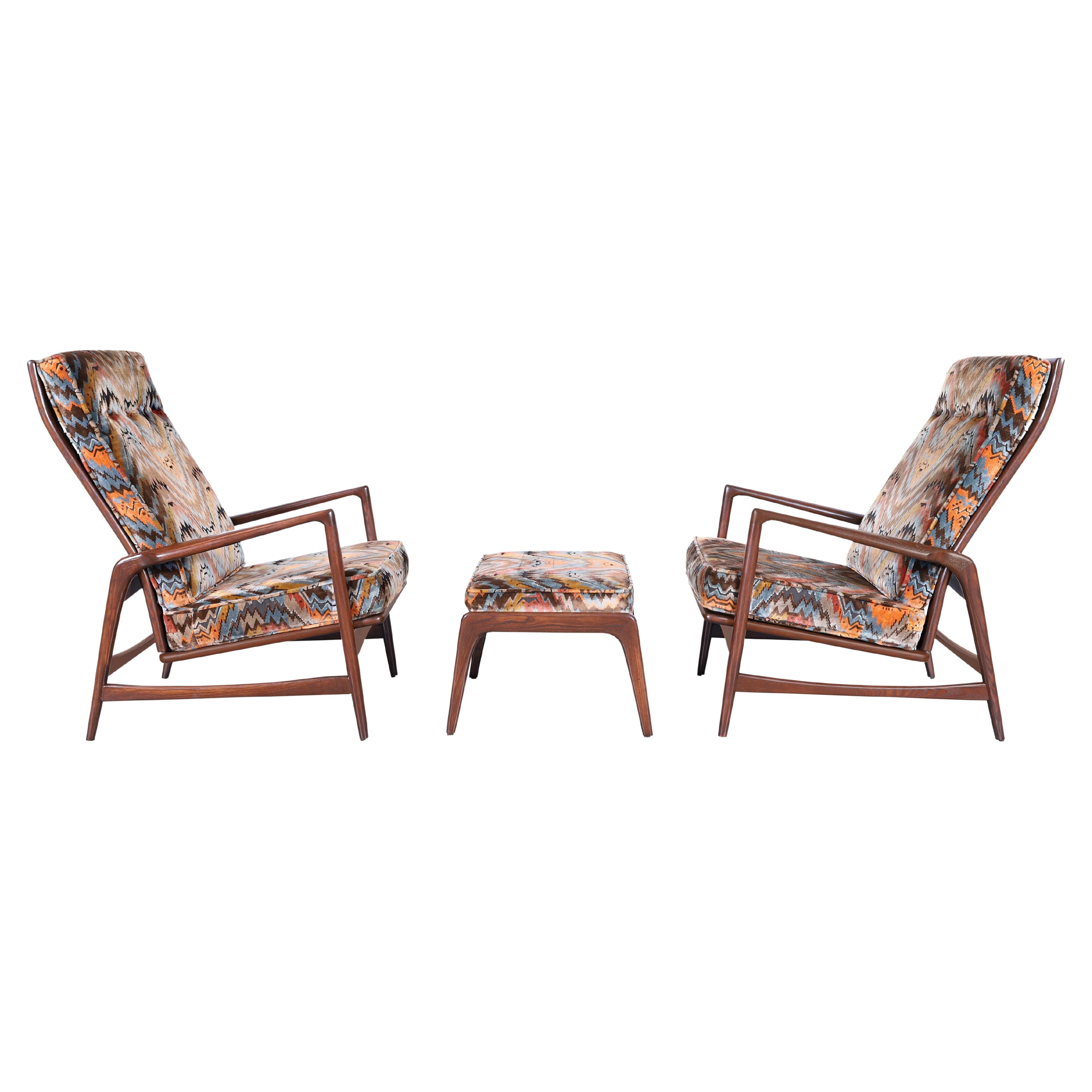 Danish Modern Walnut Reclining Lounge Chairs and Ottoman by Ib Kofod Larsen For Sale