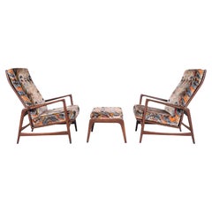 Retro Danish Modern Walnut Reclining Lounge Chairs and Ottoman by Ib Kofod Larsen