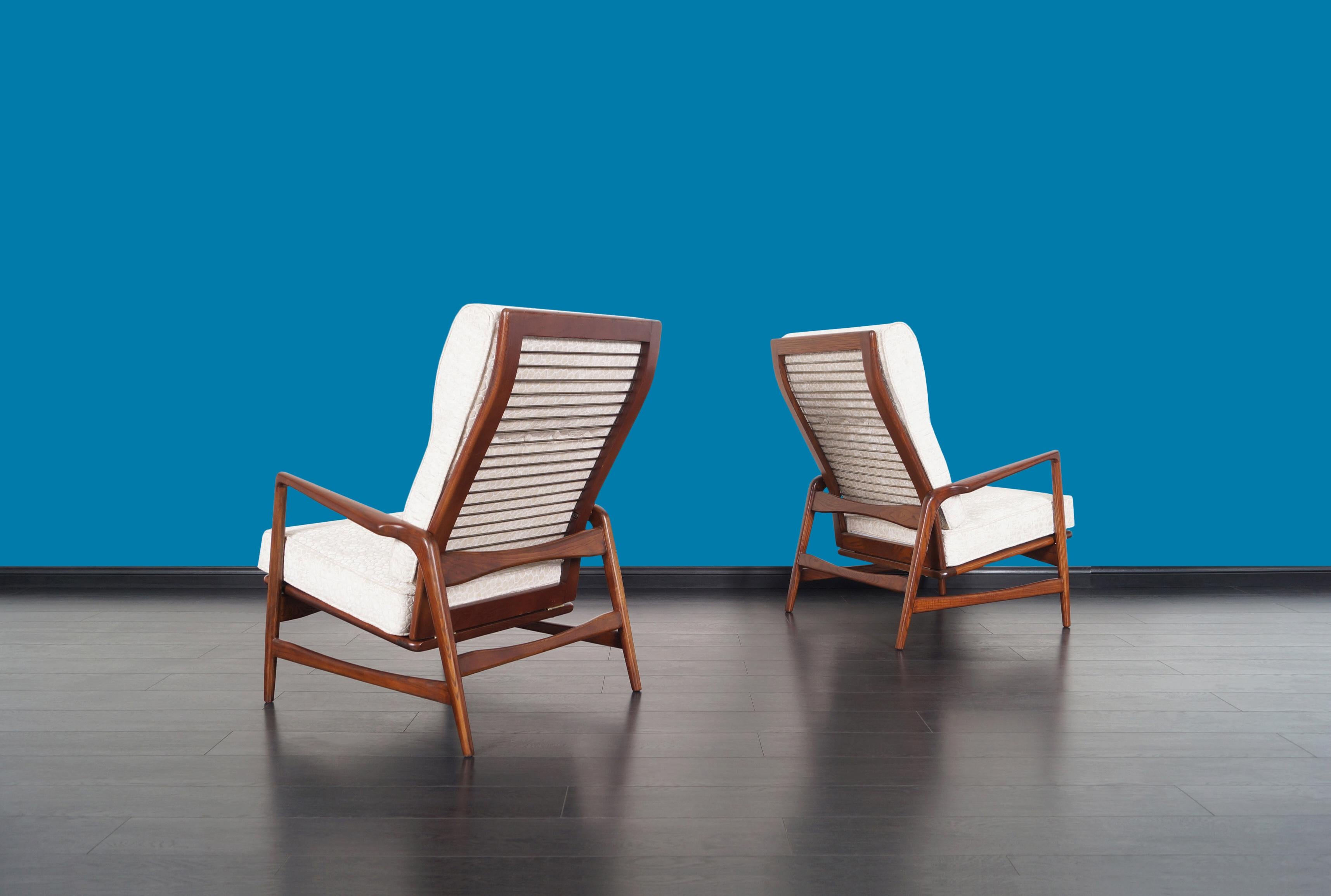 Fabric Danish Modern Walnut Reclining Lounge Chairs by Ib Kofod Larsen