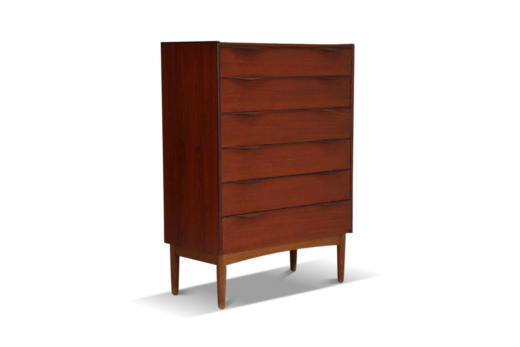 20th Century Danish Modern Wave Pull Teak Highboy Dresser In Teak + Oak For Sale