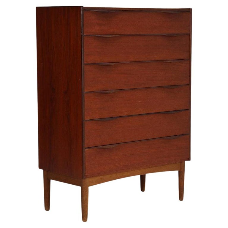 Danish Modern Wave Pull Teak Highboy Dresser In Teak + Oak For Sale at