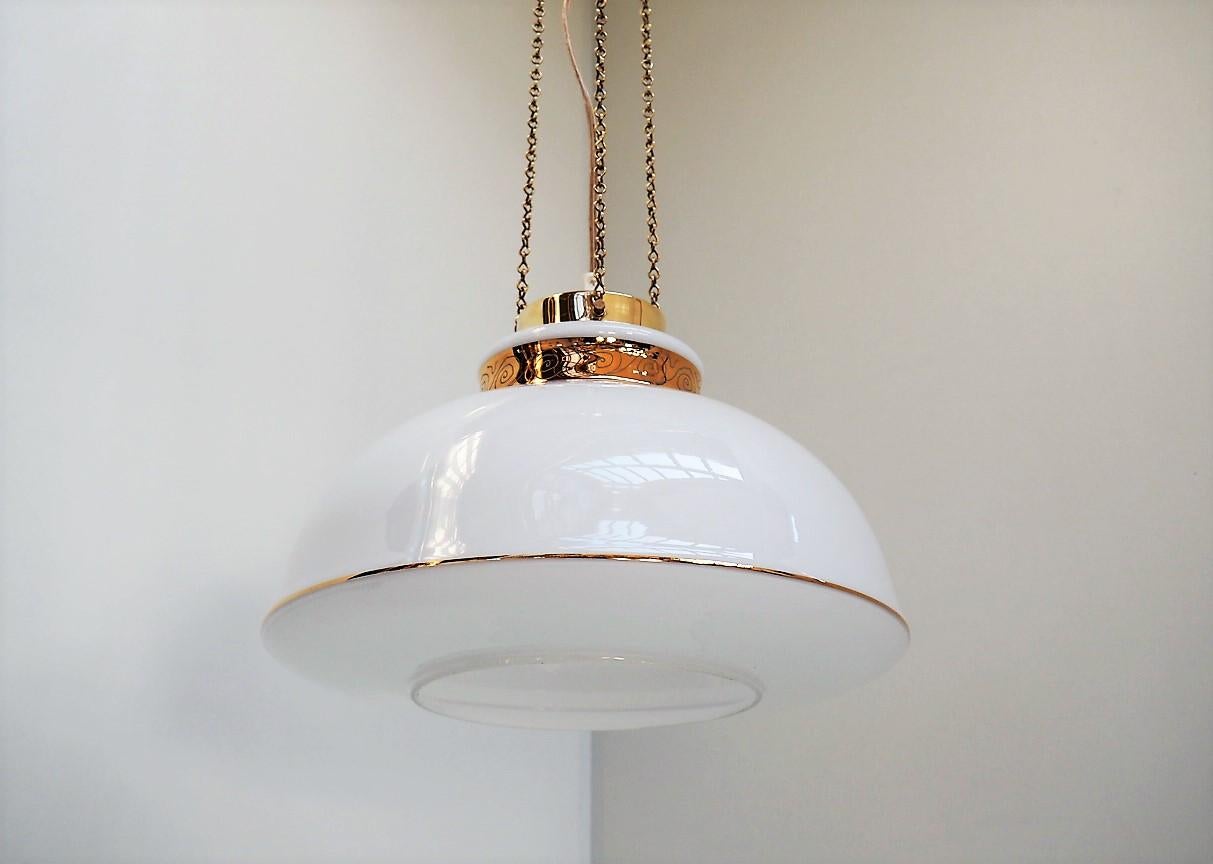 Scandinavian Modern Danish Modern White Glass Pendant with Gold Decoration and Brass by Vitrika For Sale