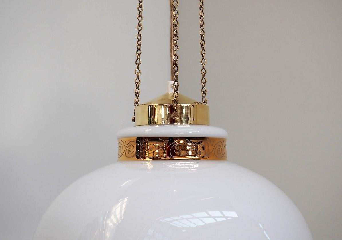 20th Century Danish Modern White Glass Pendant with Gold Decoration and Brass by Vitrika For Sale