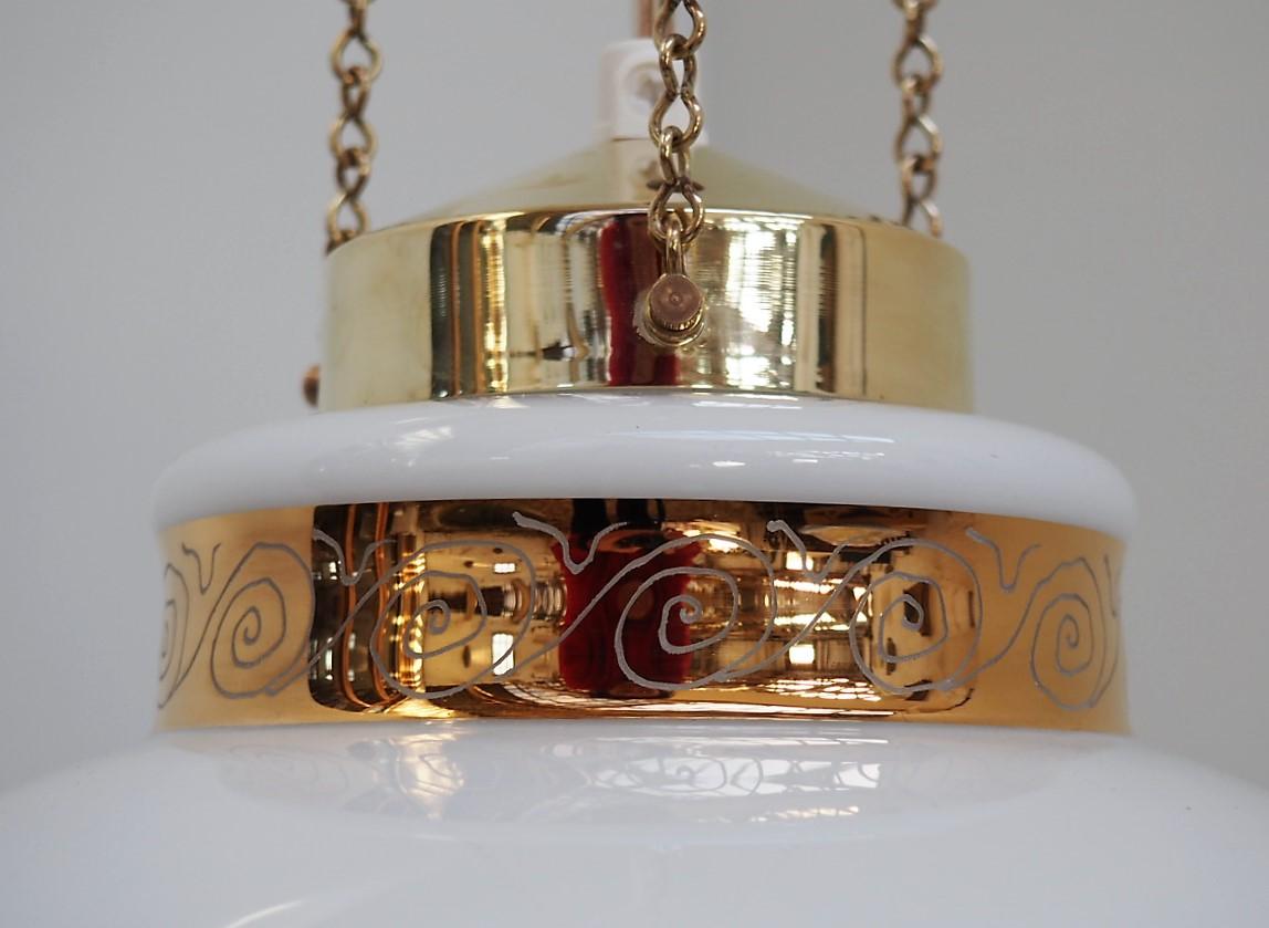 Danish Modern White Glass Pendant with Gold Decoration and Brass by Vitrika For Sale 1