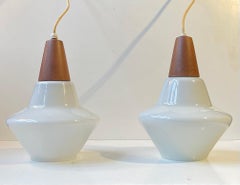 Danish Modern White Opaline Glass & Teak Pendant Lamps by Holmegaard, 1960s