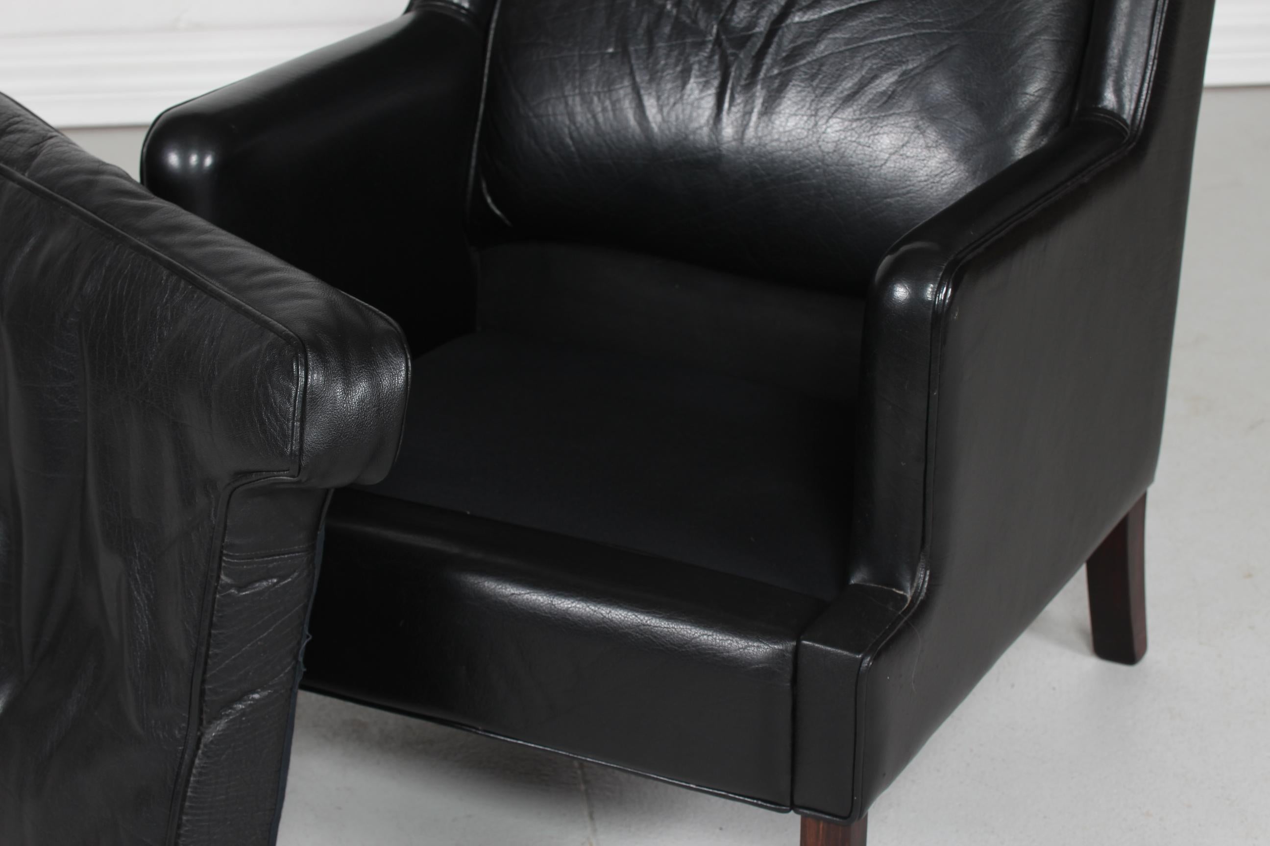 Danish Modern Wingback Chair and Stool with Black Leather in Kaare Klint Style For Sale 5
