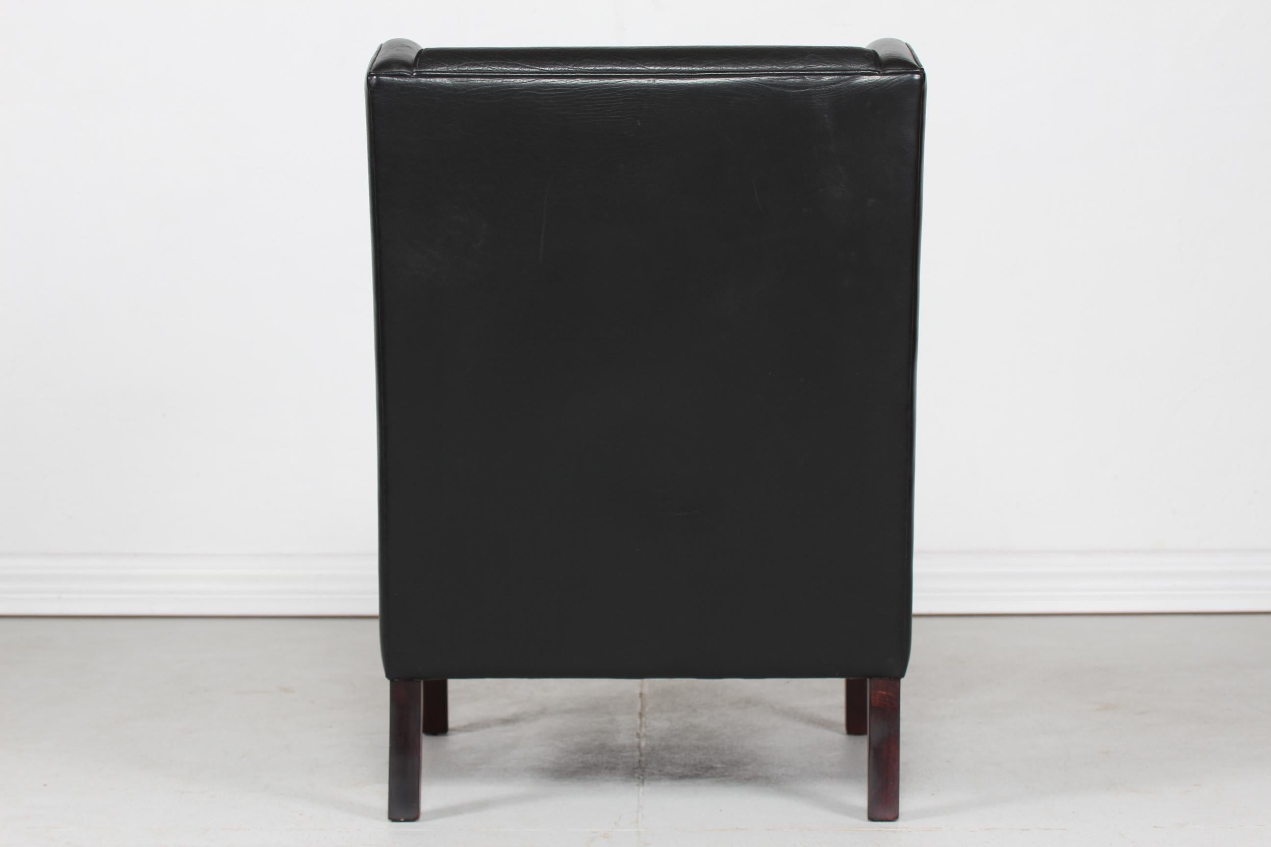 Stained Danish Modern Wingback Chair and Stool with Black Leather in Kaare Klint Style For Sale