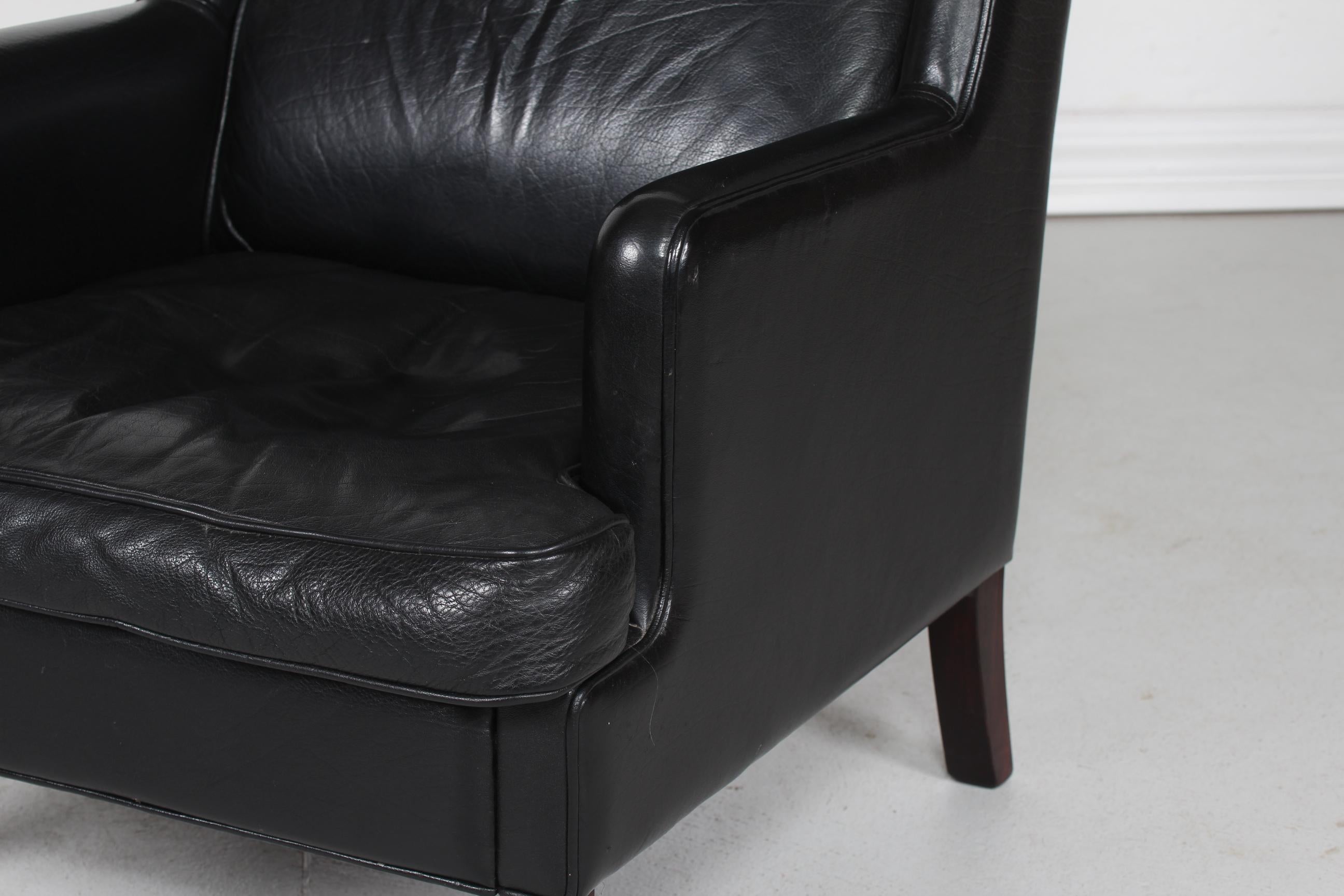Danish Modern Wingback Chair and Stool with Black Leather in Kaare Klint Style For Sale 2