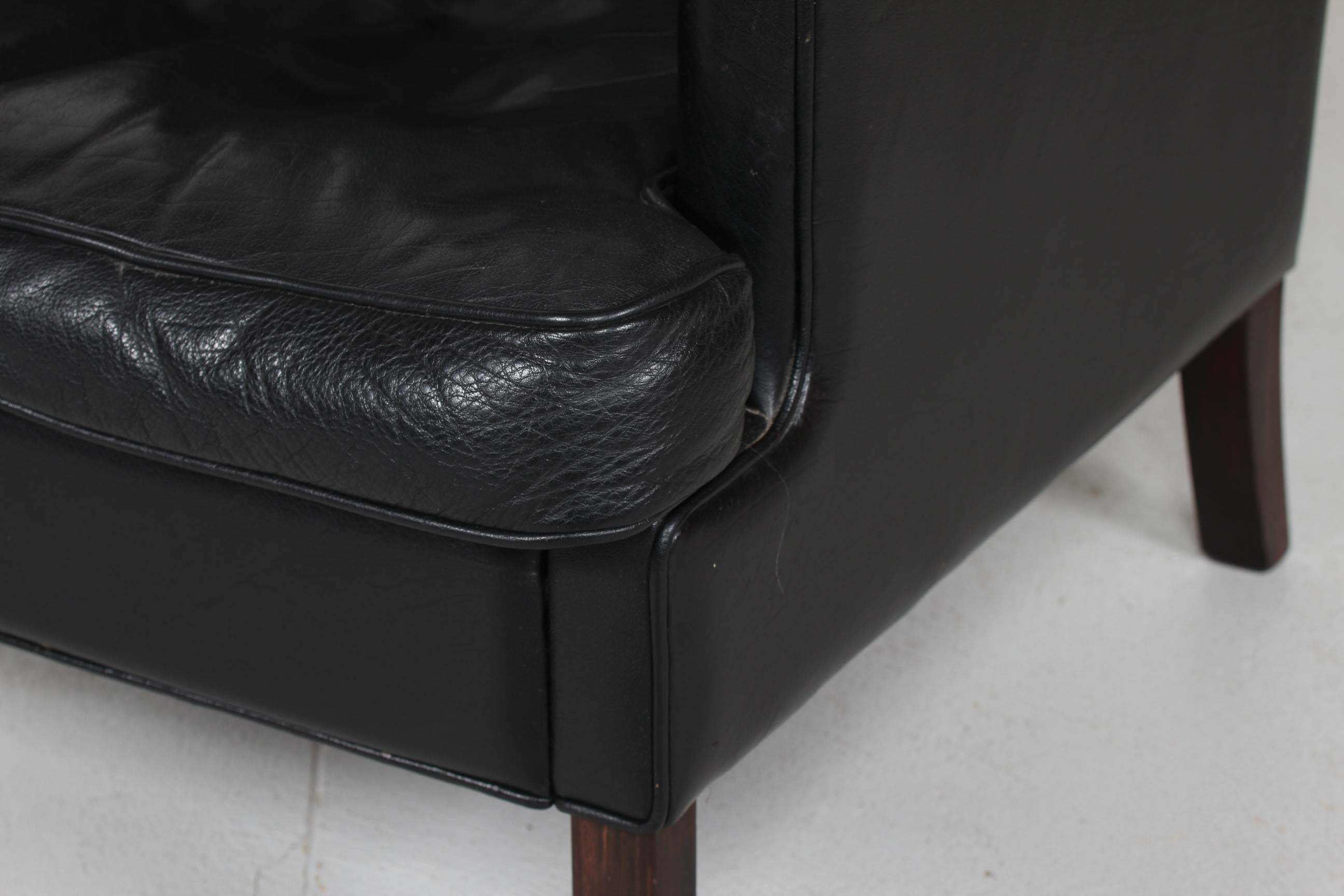 Danish Modern Wingback Chair and Stool with Black Leather in Kaare Klint Style For Sale 3