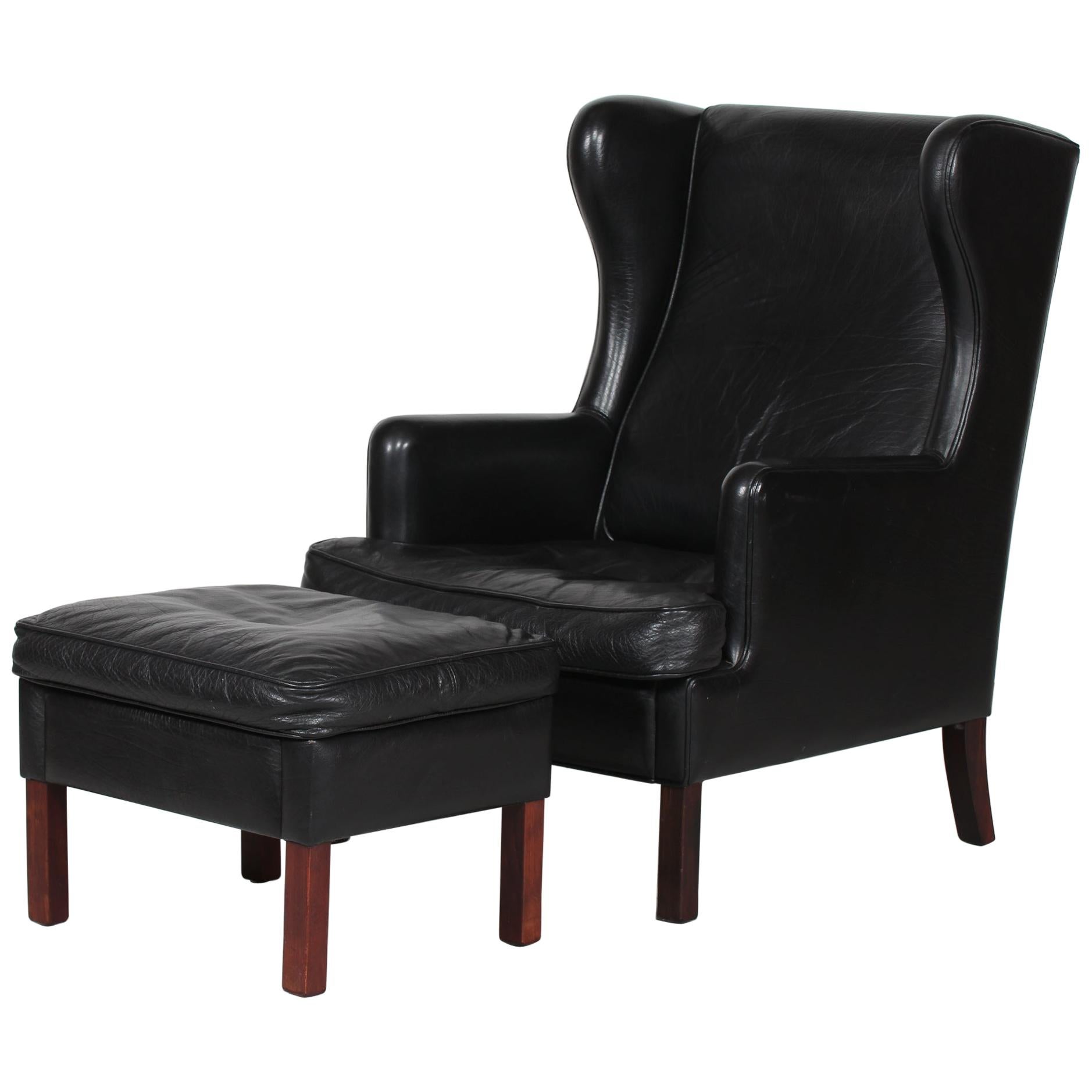 Danish Modern Wingback Chair and Stool with Black Leather in Kaare Klint Style