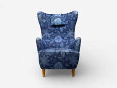 Danish Modern, Wingback Chair, Blue Fabric, Wood, Denmark, 1940s