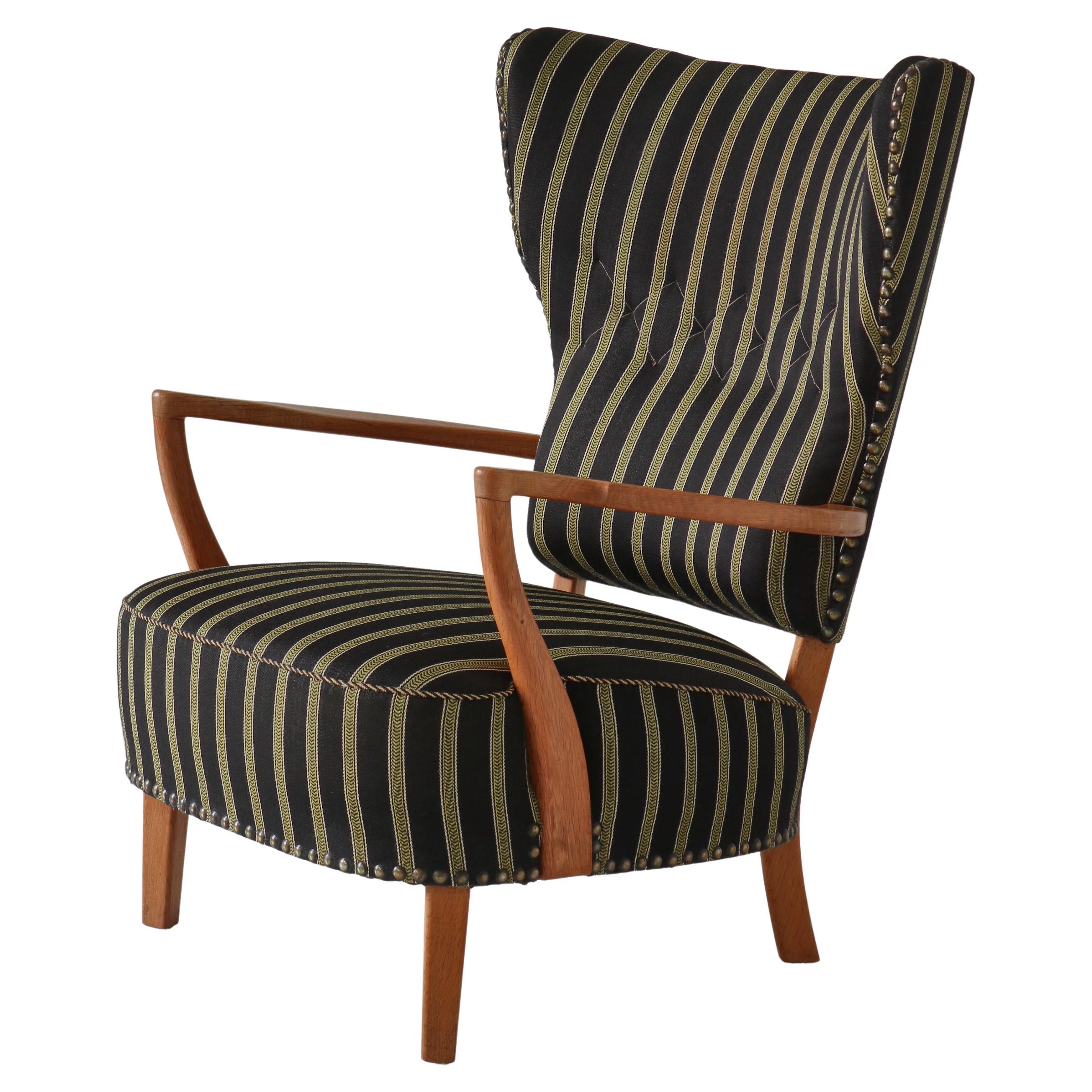 Danish Modern Wingback Chair in Oak & Traditional Danish Olmerdug Wool, 1950s For Sale