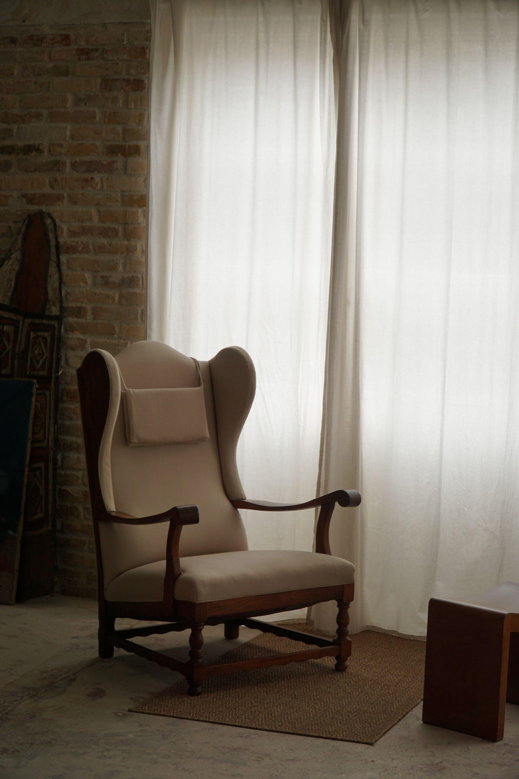 Mid-Century Modern Danish Modern, Wingback Chair, Oak & Wool, Fritz Hansen Style, 1950s  For Sale