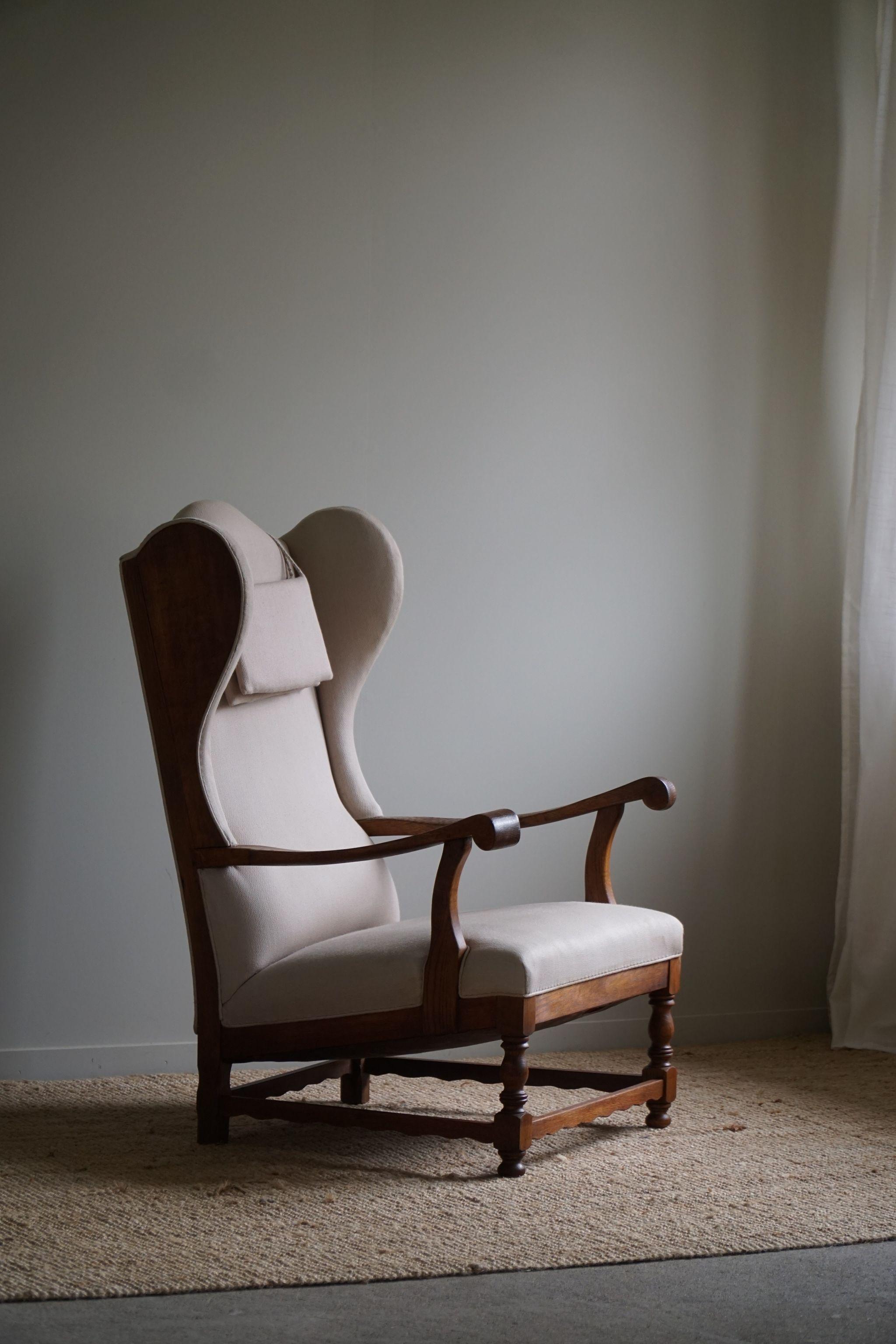 20th Century Danish Modern, Wingback Chair, Oak & Wool, Fritz Hansen Style, 1950s  For Sale