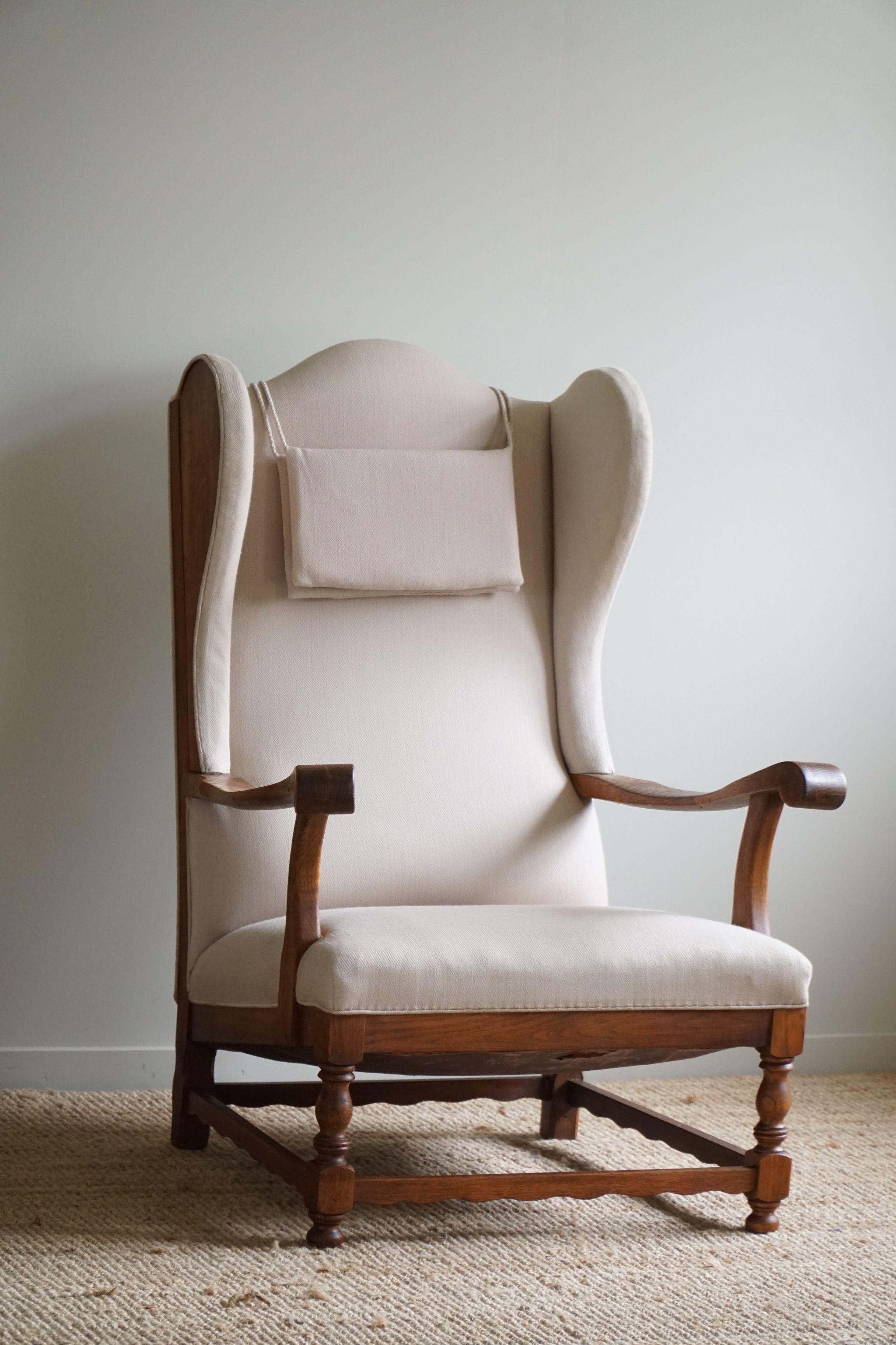 Danish Modern, Wingback Chair, Oak & Wool, Fritz Hansen Style, 1950s  For Sale 4