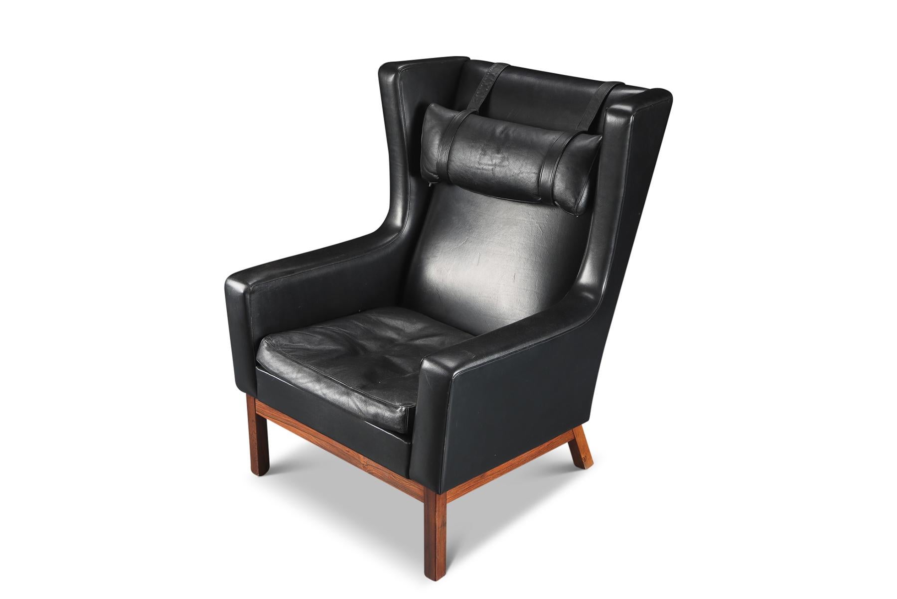 Mid-Century Modern Danish Modern Wingback Lounge Chair in Black Leather + Rosewood