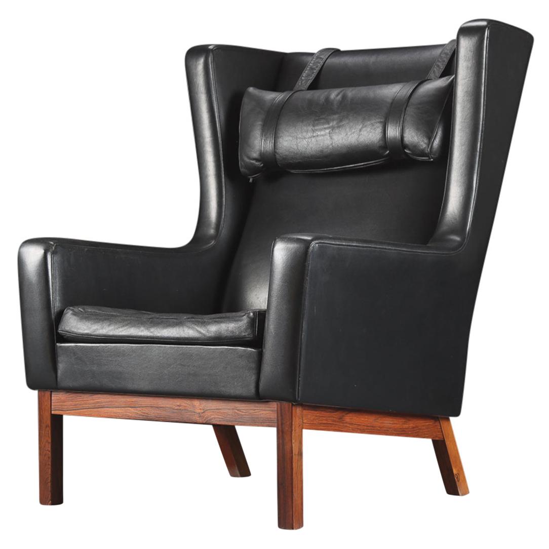 Danish Modern Wingback Lounge Chair in Black Leather + Rosewood