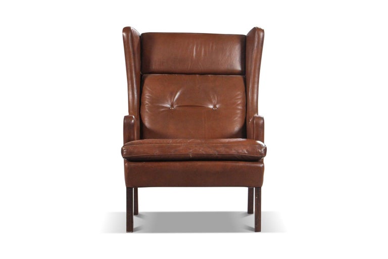 Mid-Century Modern Danish Modern Wingback Lounge Chair in Brown Leather