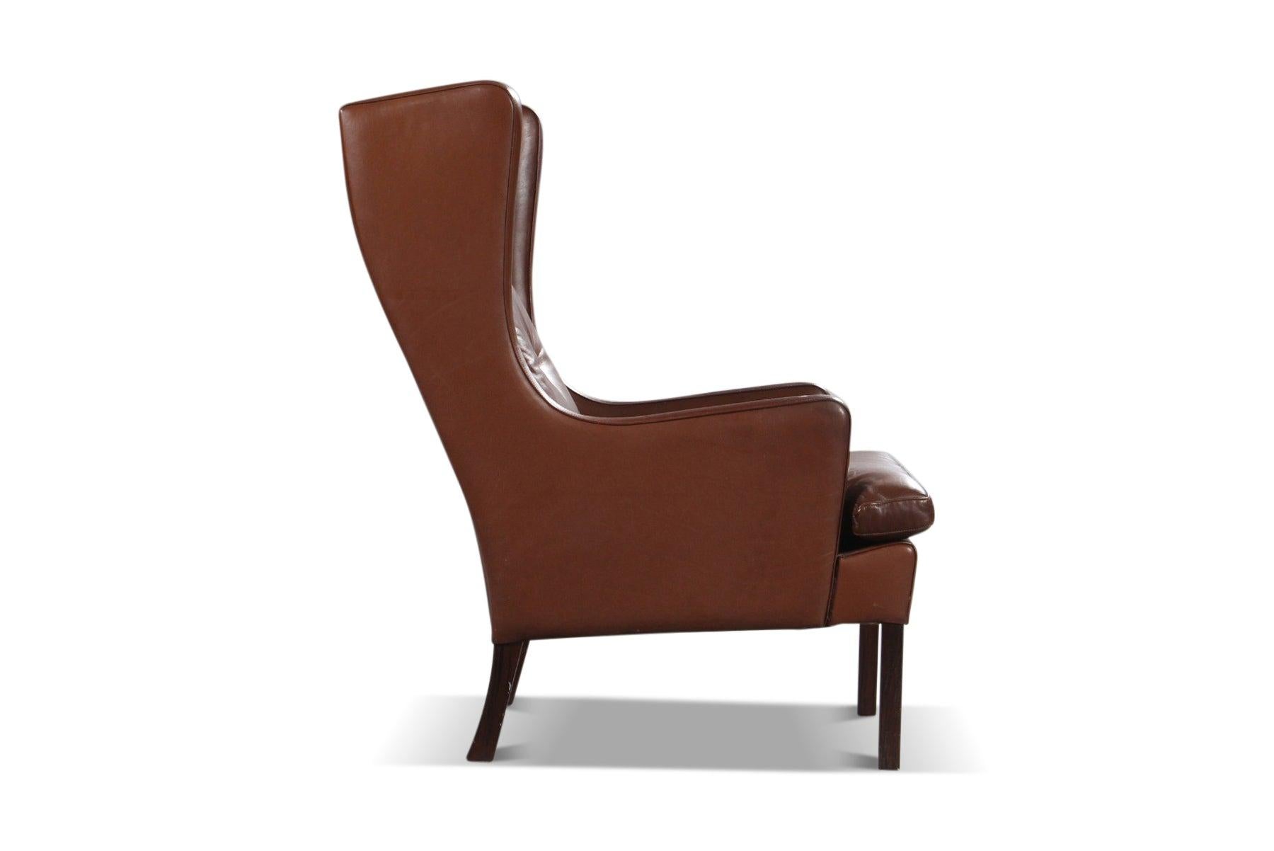 Danish Modern Wingback Lounge Chair in Brown Leather In Excellent Condition In Berkeley, CA