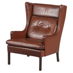 Danish Modern Wingback Lounge Chair in Brown Leather