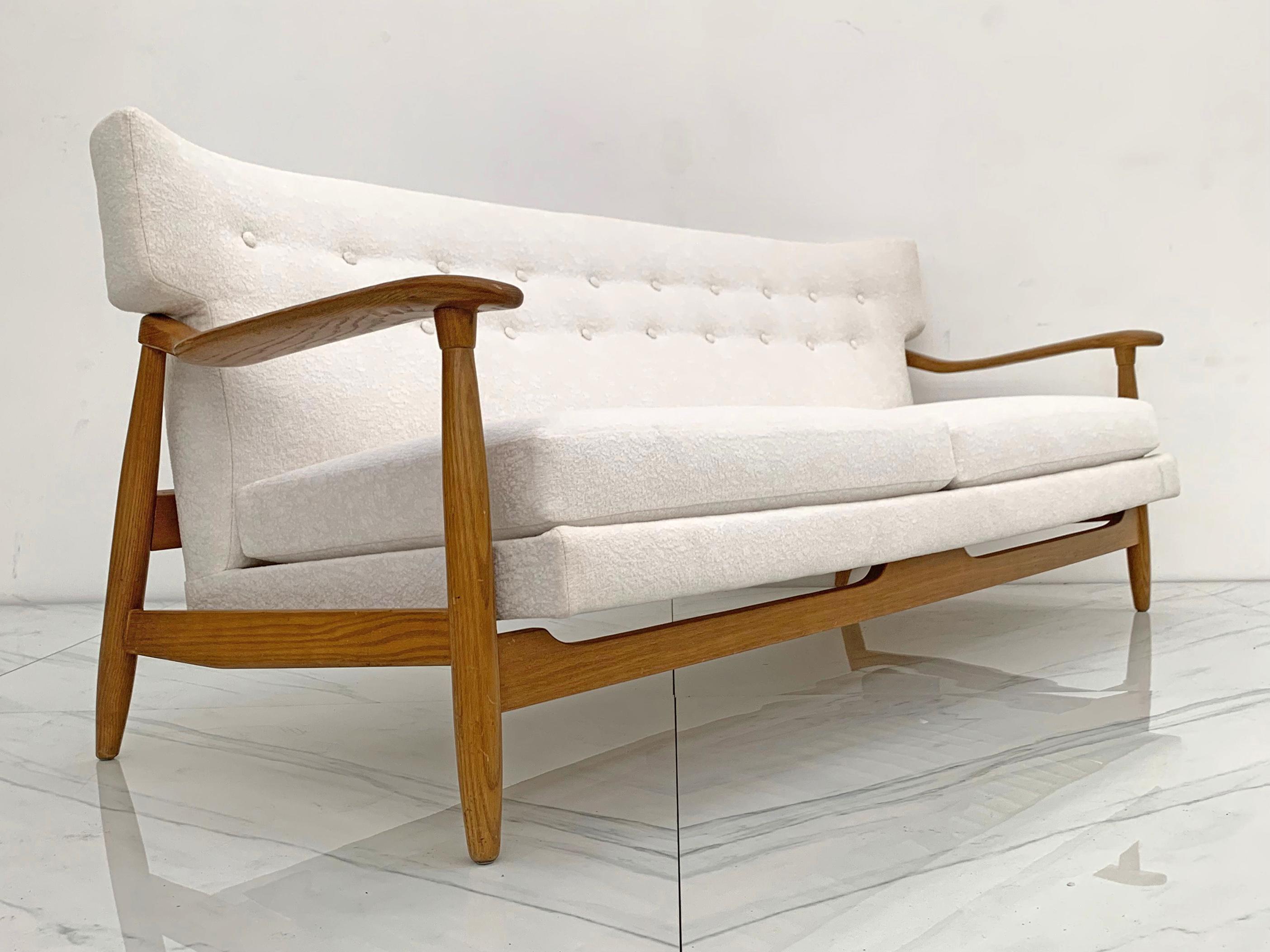 Danish Modern Wingback Sofa in White Boucle and Oak 5