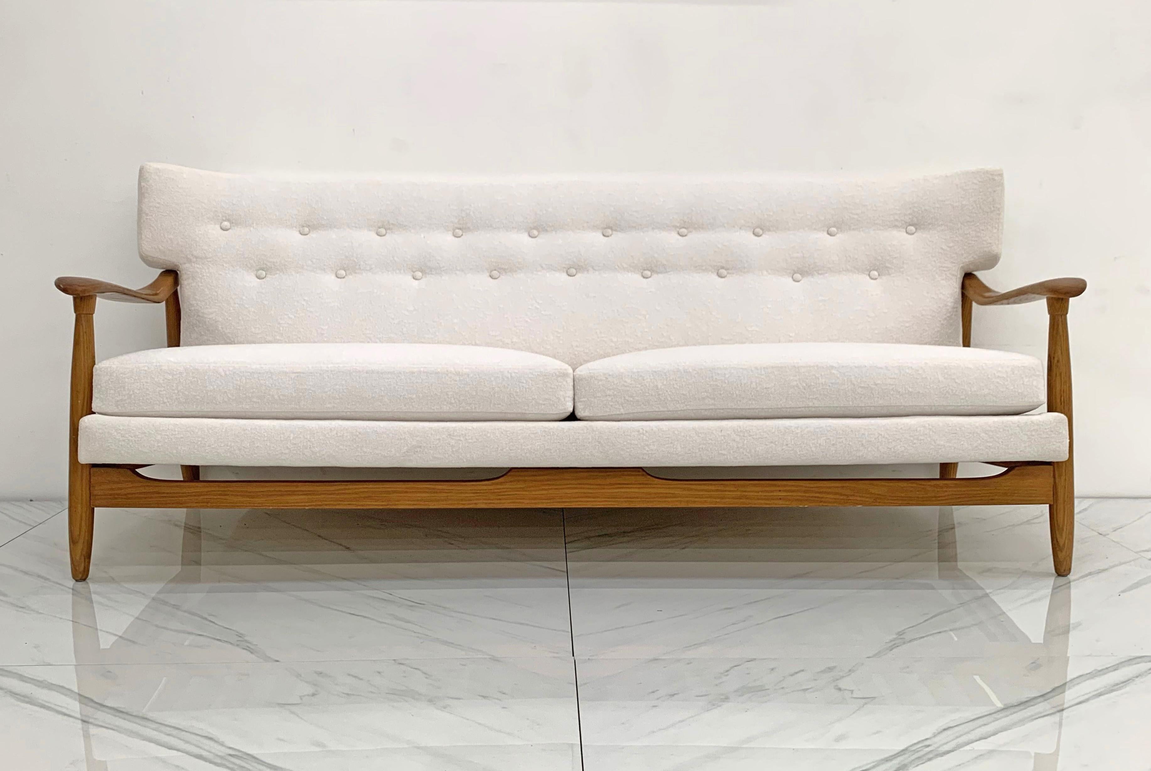 Scandinavian Modern Danish Modern Wingback Sofa in White Boucle and Oak