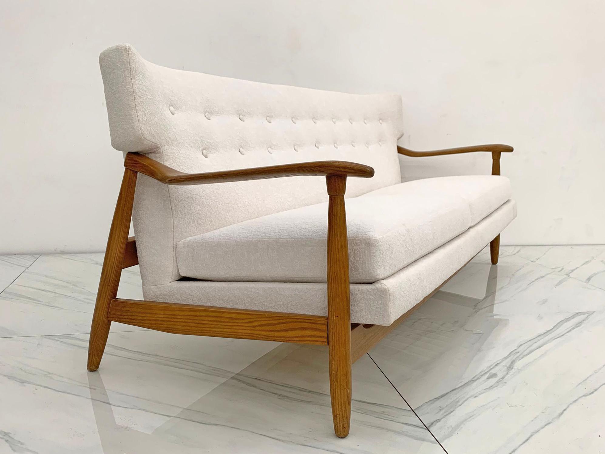 Danish Modern Wingback Sofa in White Boucle and Oak 3