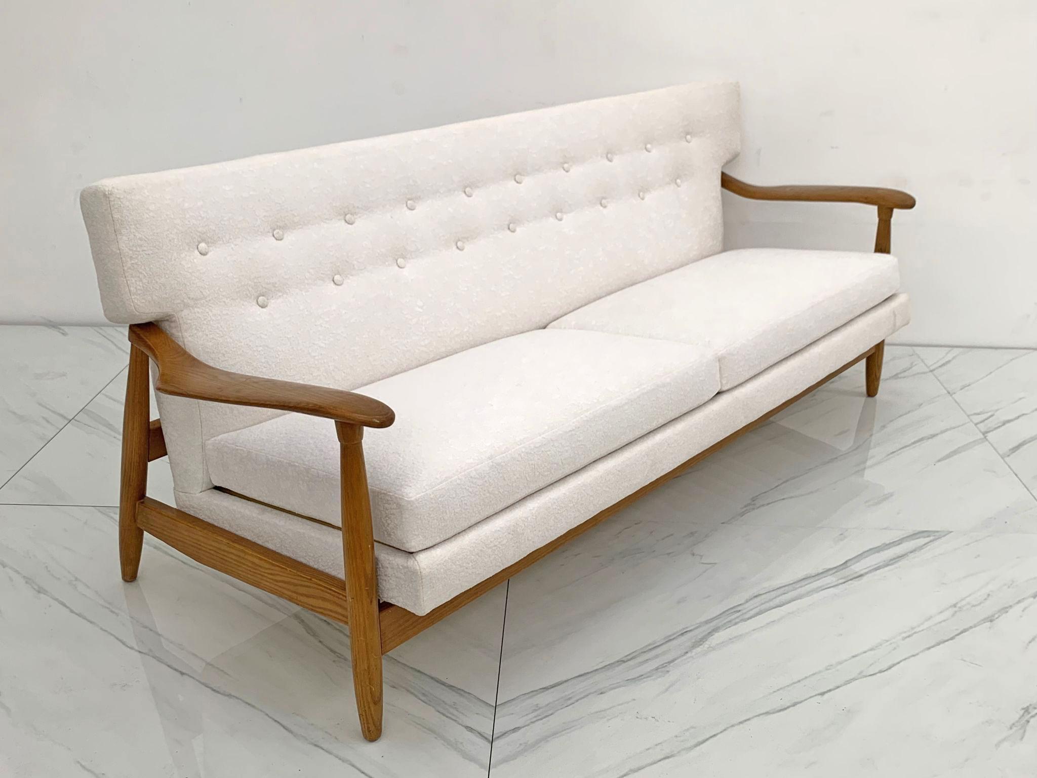 Danish Modern Wingback Sofa in White Boucle and Oak 4