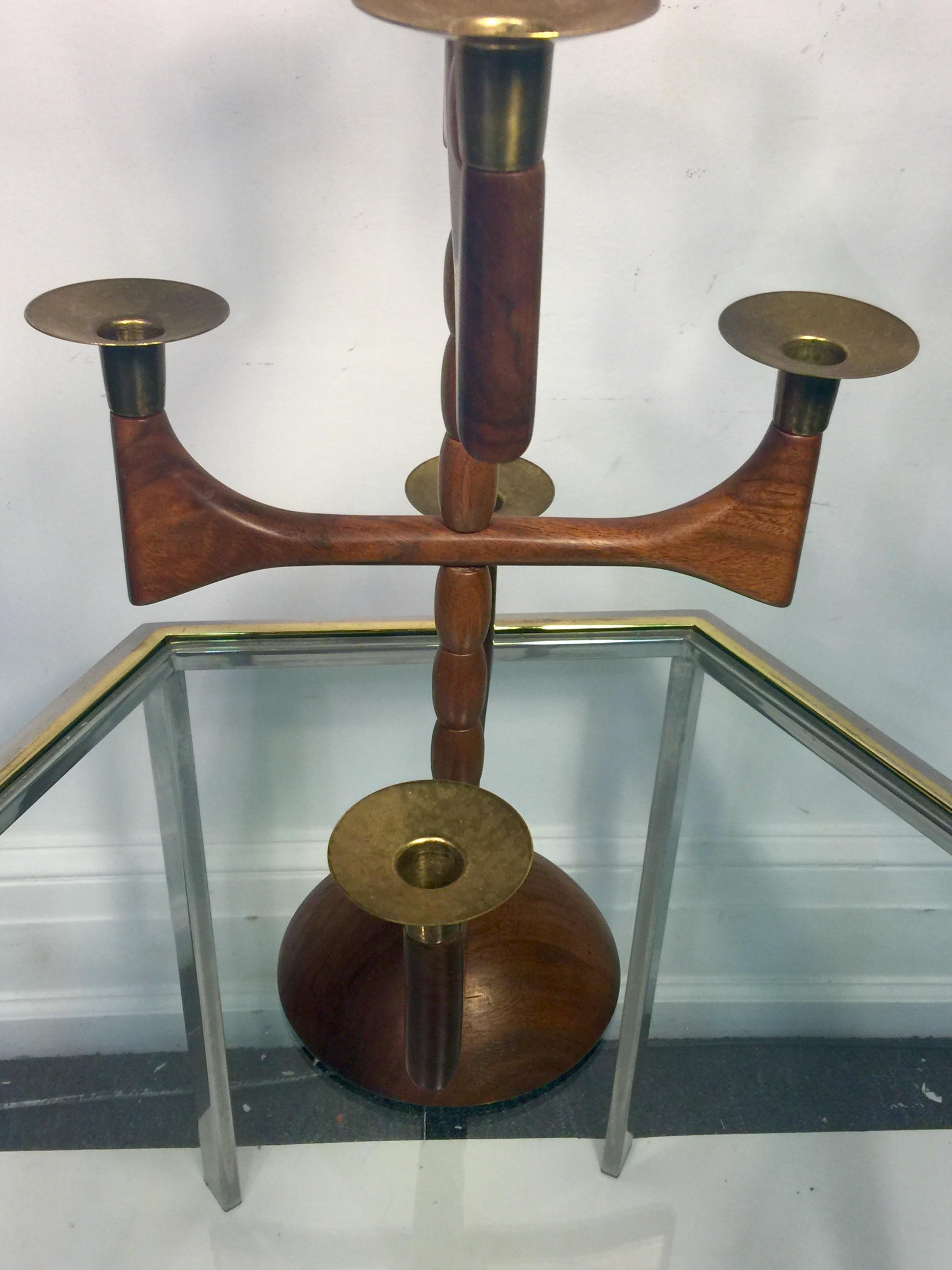 Danish Modern Wood and Brass Candelabra  In Excellent Condition For Sale In Allentown, PA