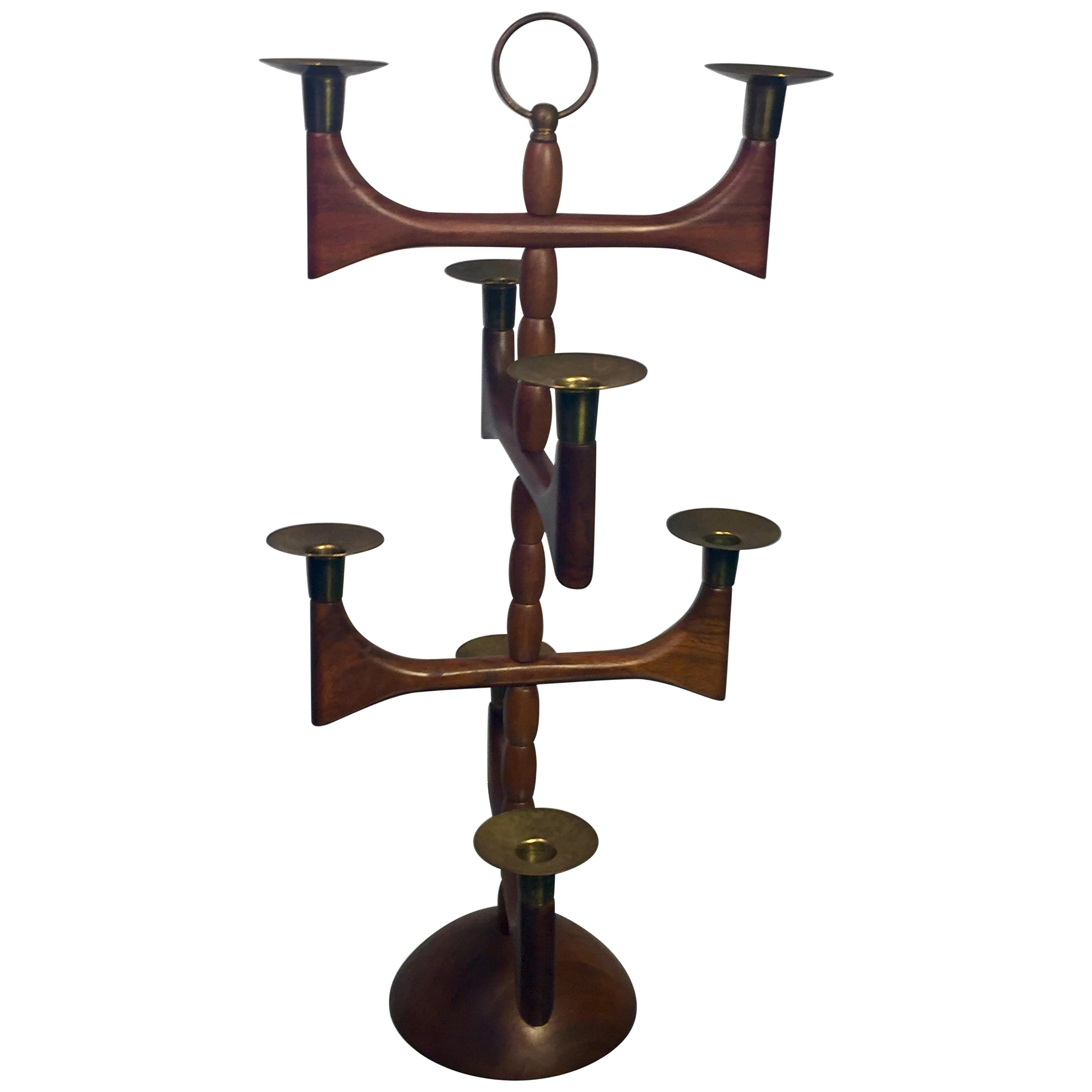 Danish Modern Wood and Brass Candelabra For Sale at 1stDibs