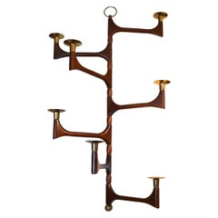 Danish Modern Wood and Brass tone Hanging Candelabra Candleholder Lamp