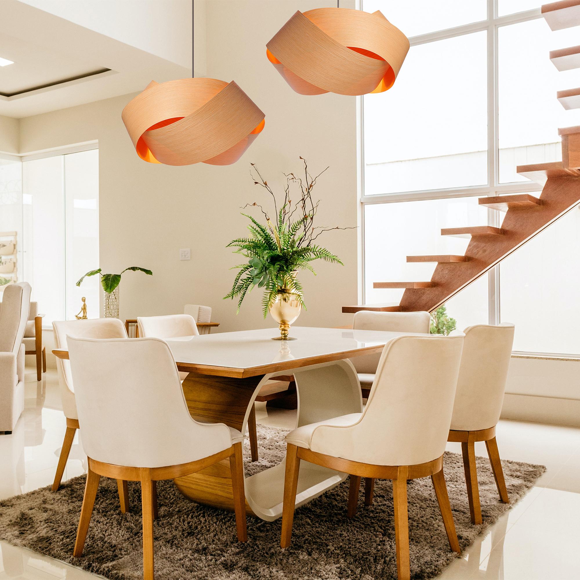 The Serene pendant light is a contemporary, Mid-Century Modern light fixture with a Scandinavian design and organic modern composition. This minimalist luxury white oak wood veneer pendant design is the perfect way to add a touch of nature and