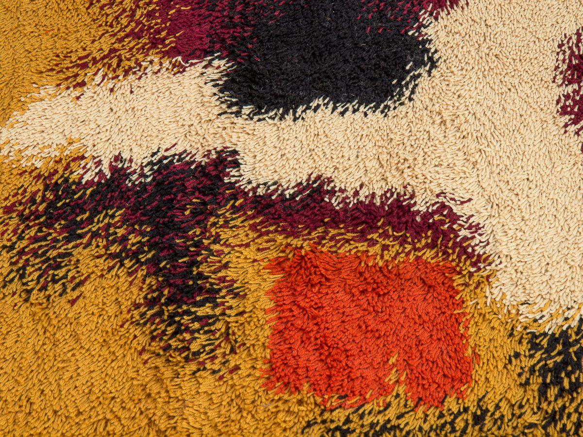 Mid-Century Modern Danish Modern Wool Rya Rug, Ochre, Navy, Maroon