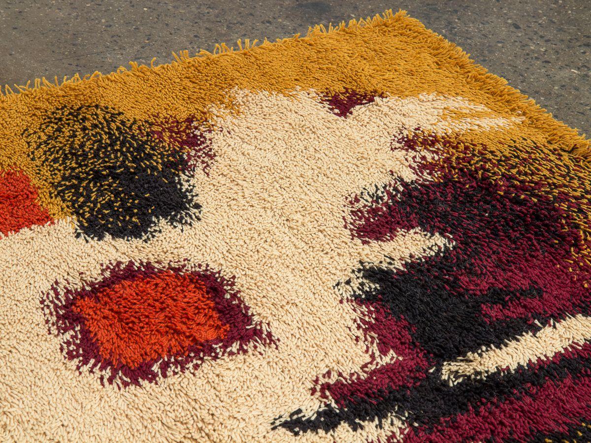 Danish Modern Wool Rya Rug, Ochre, Navy, Maroon 2