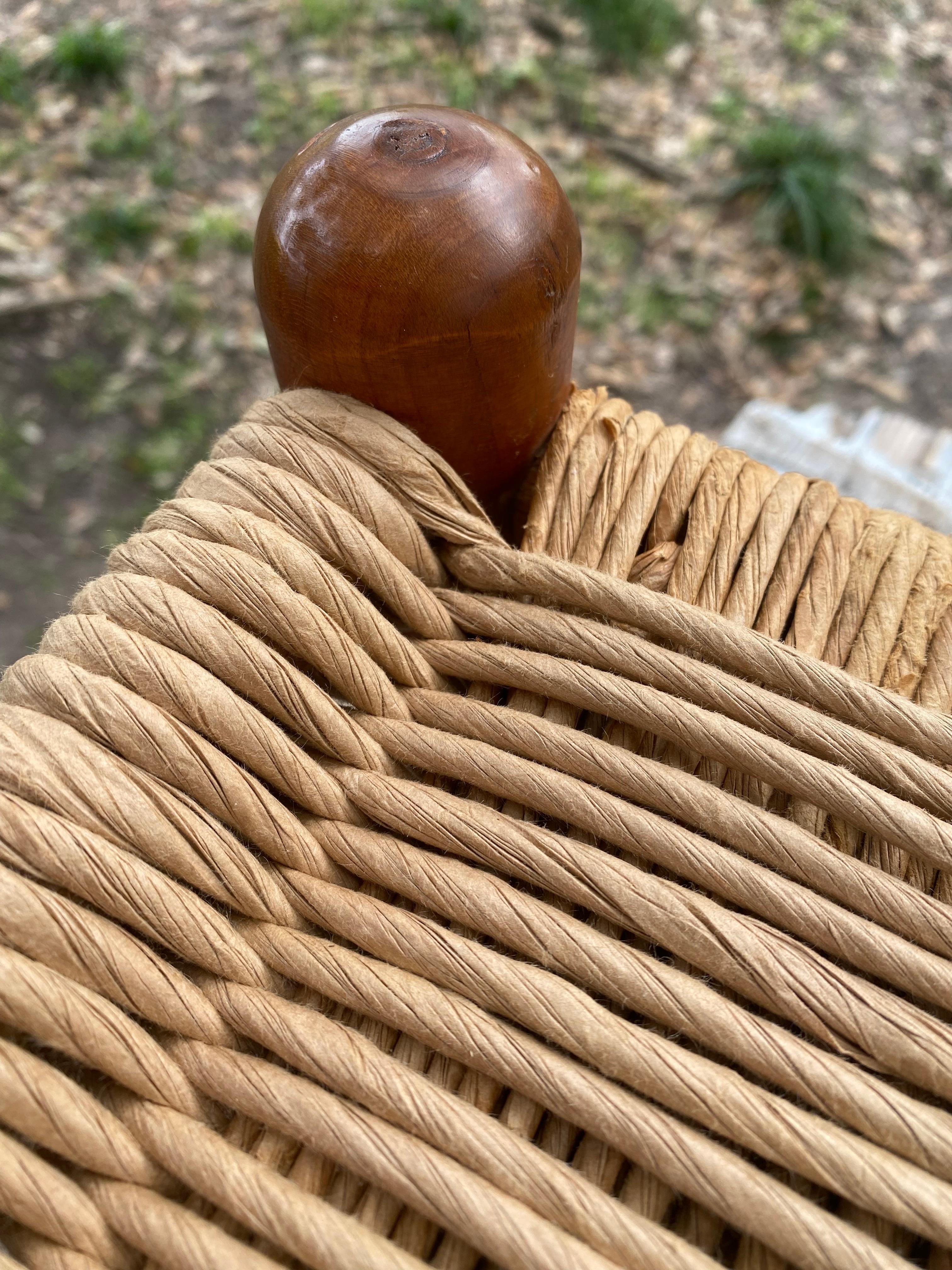 Carved Danish Modern Woven Rope Rustic European Stool For Sale