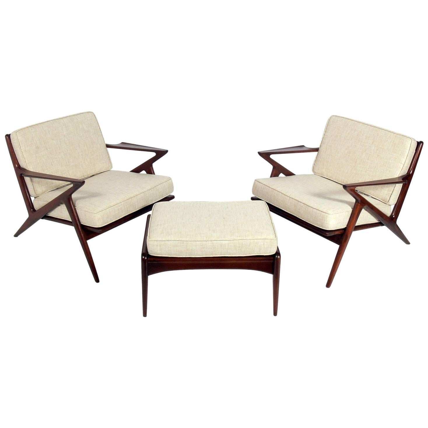 Danish Modern "Z" Lounge Chairs and Ottoman by Poul Jensen