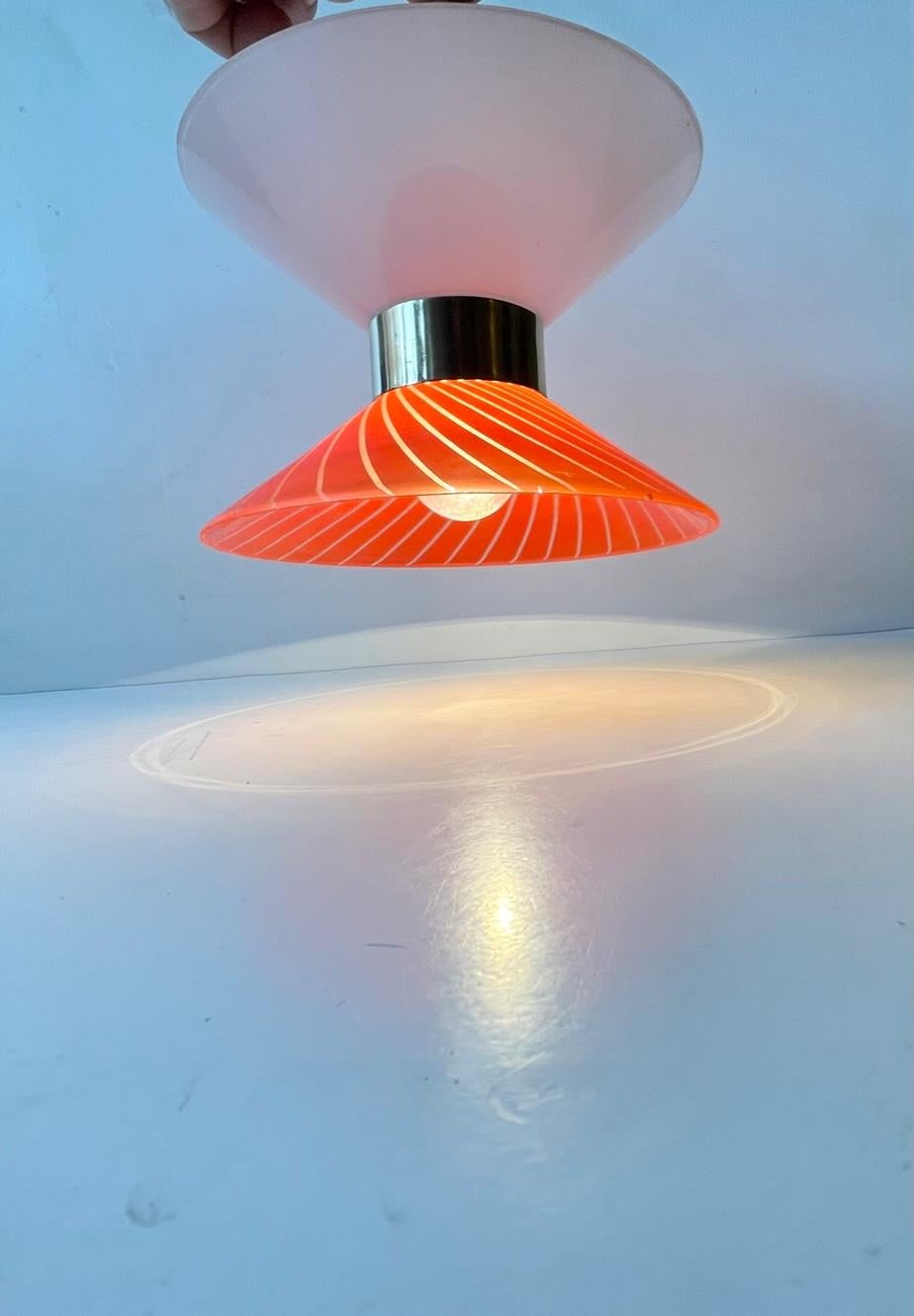 Scandinavian Modern Danish Modernist Blown Diablo Glass Pendant Light with Brass Disc For Sale