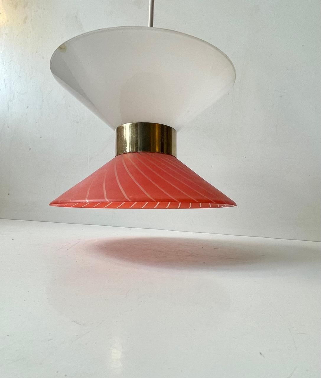 Late 20th Century Danish Modernist Blown Diablo Glass Pendant Light with Brass Disc For Sale