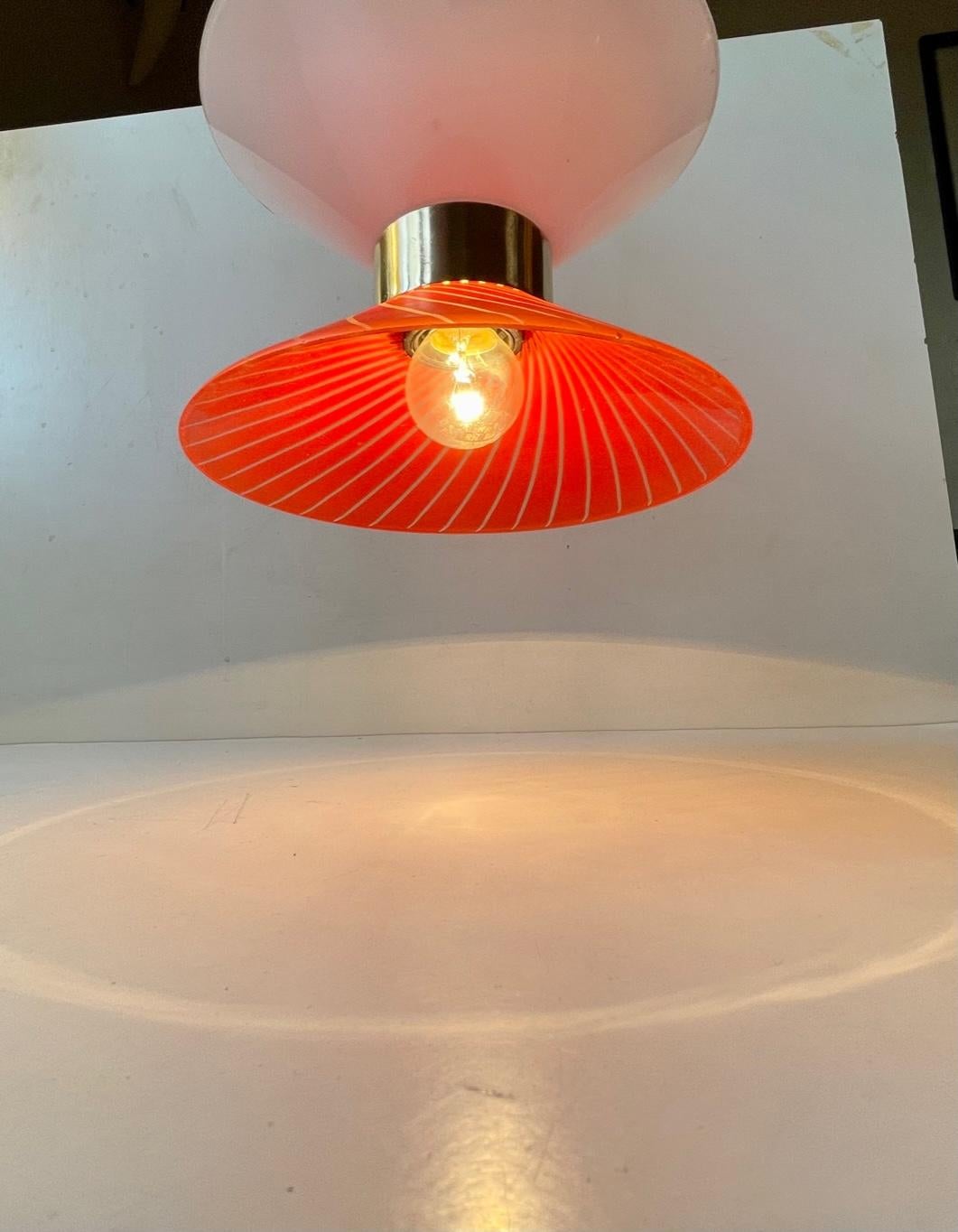 Danish Modernist Blown Diablo Glass Pendant Light with Brass Disc For Sale 1