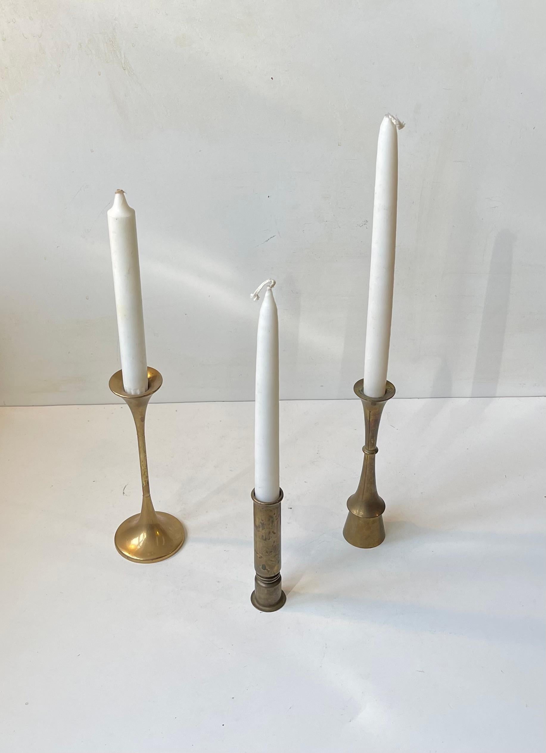 Scandinavian Modern Danish Modernist Candlesticks in Patinated Brass, 1960s, Set of 3 For Sale