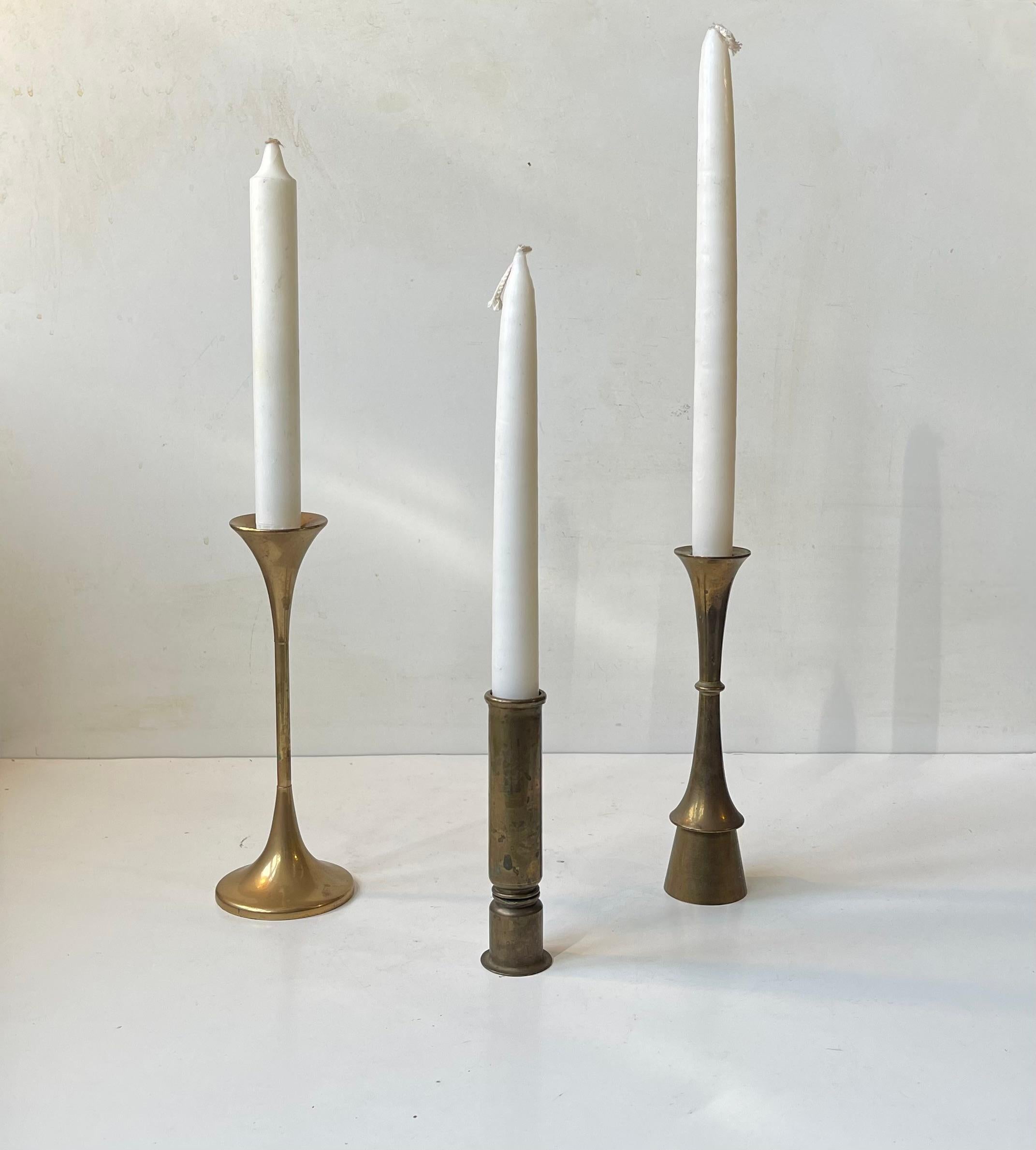 Danish Modernist Candlesticks in Patinated Brass, 1960s, Set of 3 In Good Condition For Sale In Esbjerg, DK