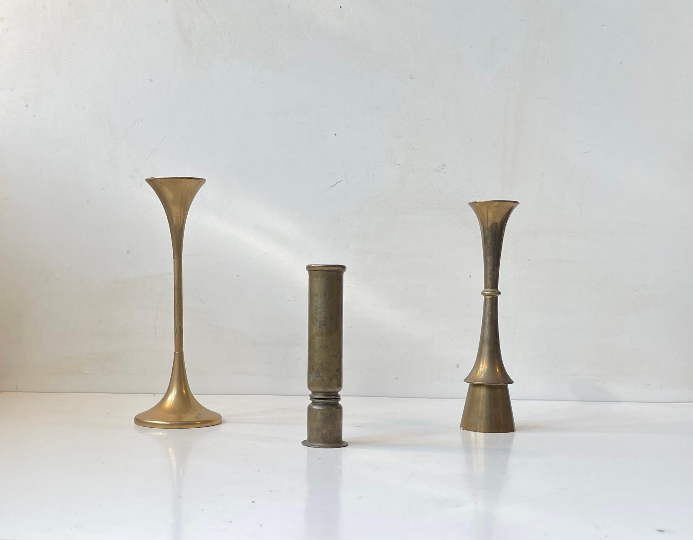 Mid-20th Century Danish Modernist Candlesticks in Patinated Brass, 1960s, Set of 3 For Sale