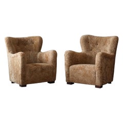 Danish Modernist Designer, Organic Lounge Chairs, Beige Sheepskin Denmark, 1940s