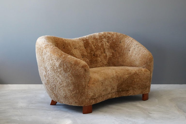 Danish Modernist Designer, Organic Sofa, Beige Sheepskin, Beech, 1940s ...