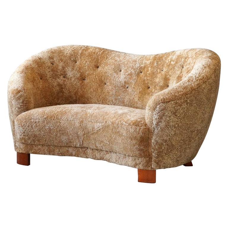 Danish Modernist Designer, Organic Sofa, Beige Sheepskin, Beech, 1940s ...