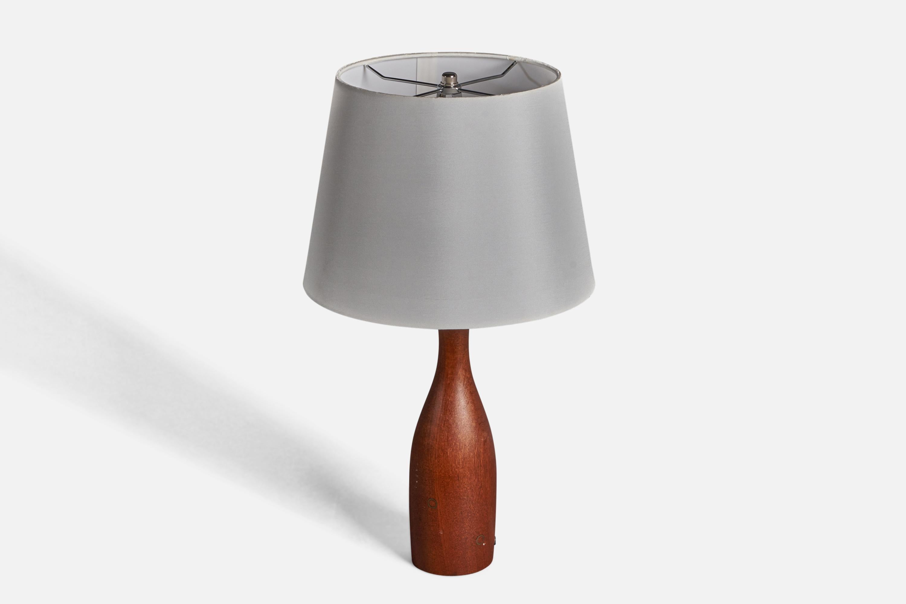 Mid-Century Modern Danish Modernist Designer, Organic Table Lamp, Teak, Brass Inlays, Denmark 1950s For Sale