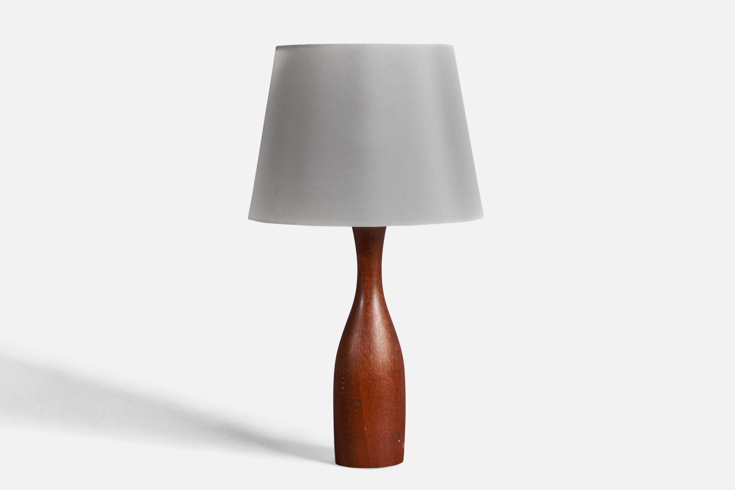 Mid-20th Century Danish Modernist Designer, Organic Table Lamp, Teak, Brass Inlays, Denmark 1950s For Sale