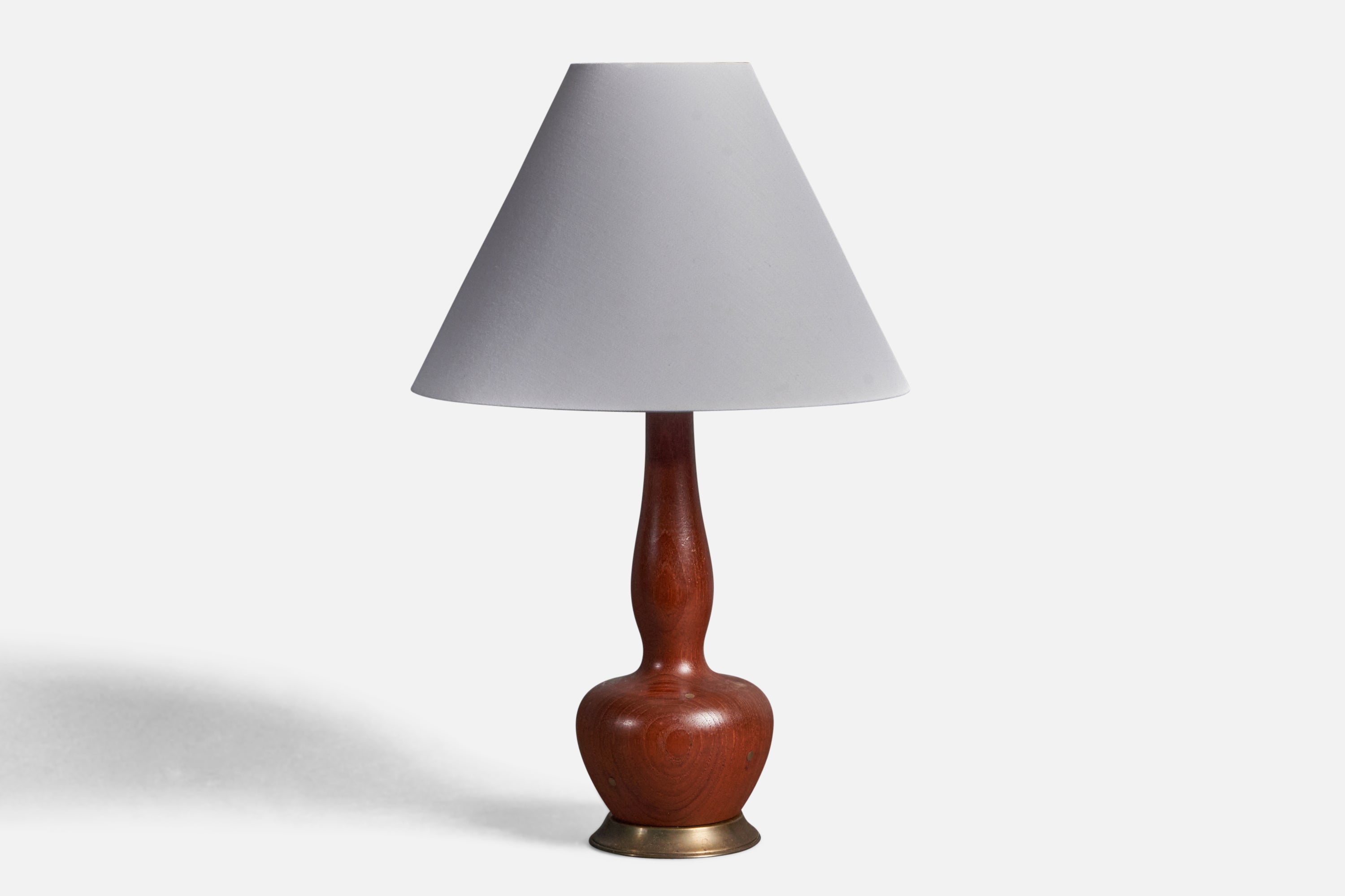 Danish Modernist Designer, Organic Table Lamp, Teak, Brass Inlays, Denmark 1950s For Sale
